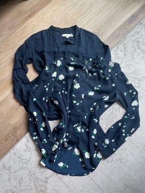 Petite XXS Blouse Bundle LOFT Navy + Floral Button Front Lightweight Office Chic